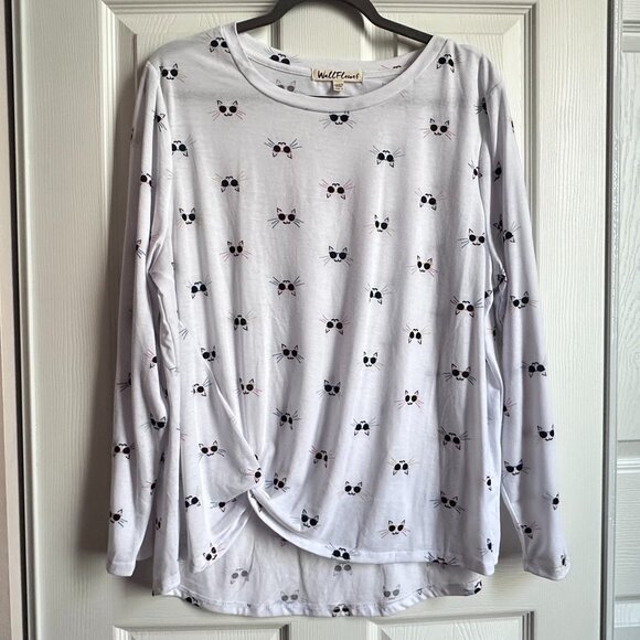 Wallflower Women's 1X Sunglasses Cat Allover Print Long Sleeve T-shirt Twist Hem - Picture 1 of 6